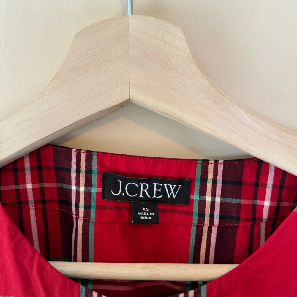 J. Crew Puff-sleeve Poplin Top in Good Tidings Plaid Keyhole Red Green Blouse XS